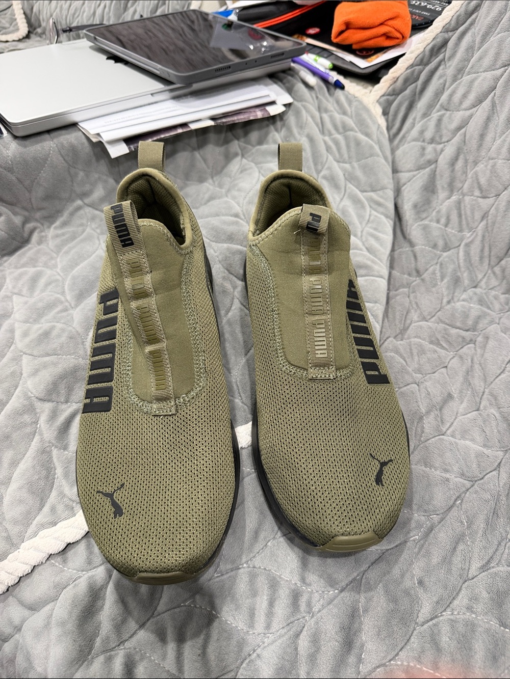Puma Olive Green Slip-On Mesh Sneakers